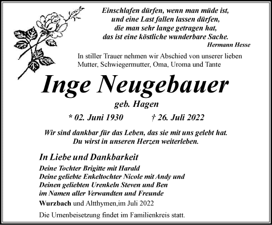 Traueranzeige von Inge Neugebauer von Ostthüringer Zeitung