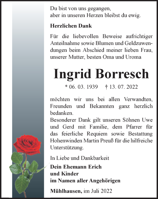 Traueranzeige von Ingrid Borresch von Thüringer Allgemeine, Thüringische Landeszeitung
