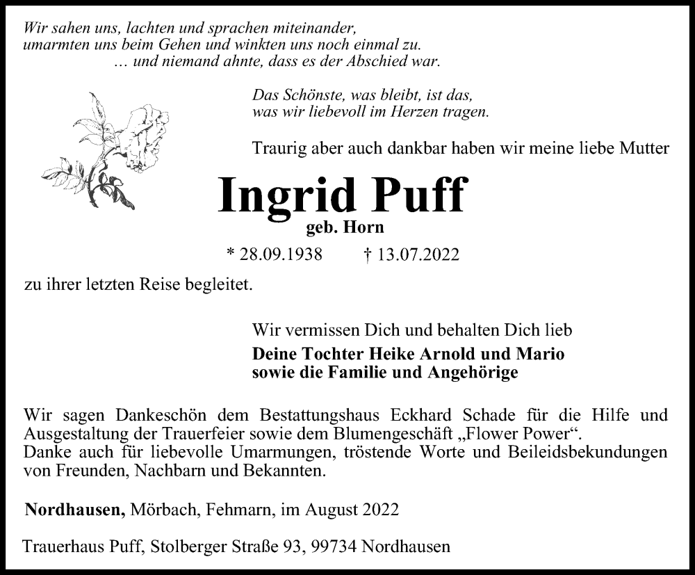  Traueranzeige für Ingrid Puff vom 06.08.2022 aus Thüringer Allgemeine