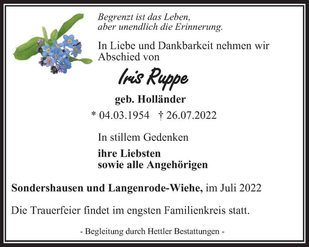  Traueranzeige für Iris Ruppe vom 30.07.2022 aus Thüringer Allgemeine