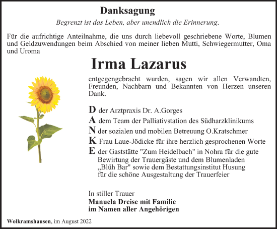 Traueranzeige von Irma Lazarus von Thüringer Allgemeine