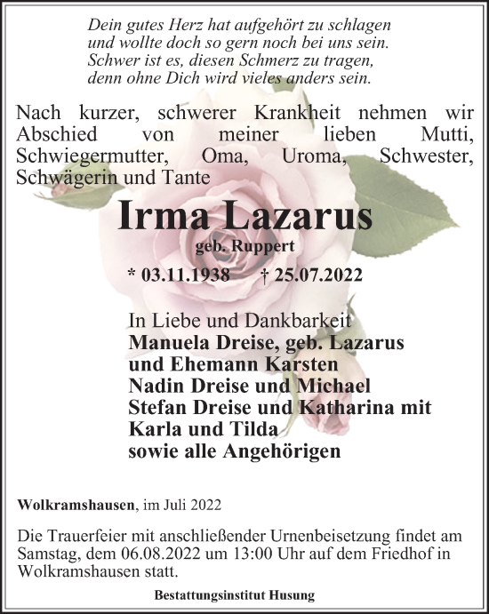 Traueranzeige von Irma Lazarus von Thüringer Allgemeine