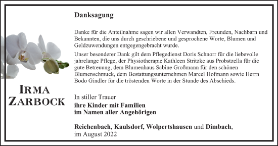 Traueranzeige von Irma Zarbock von Ostthüringer Zeitung