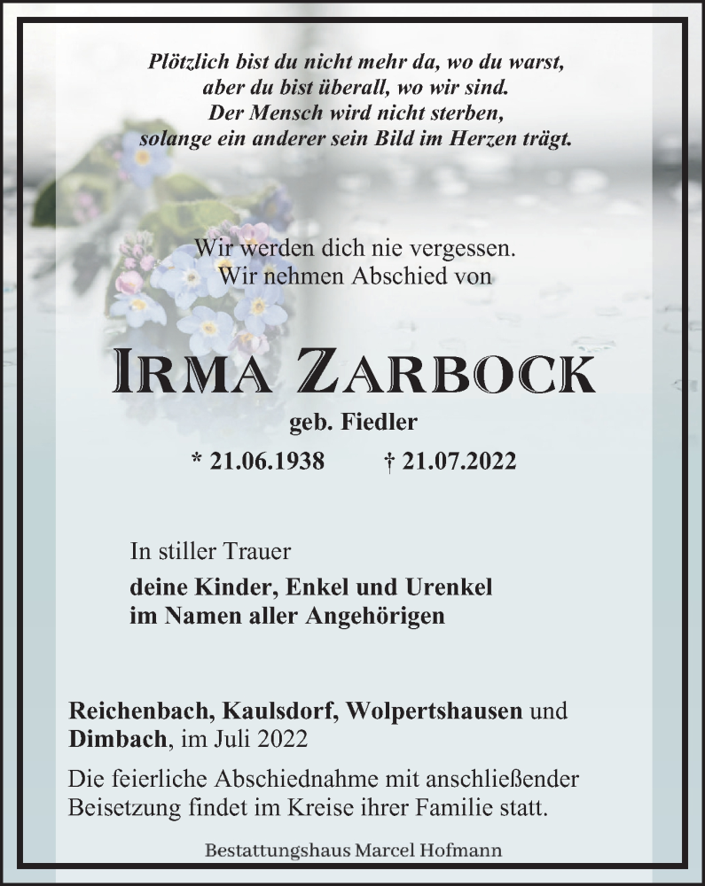  Traueranzeige für Irma Zarbock vom 30.07.2022 aus Ostthüringer Zeitung