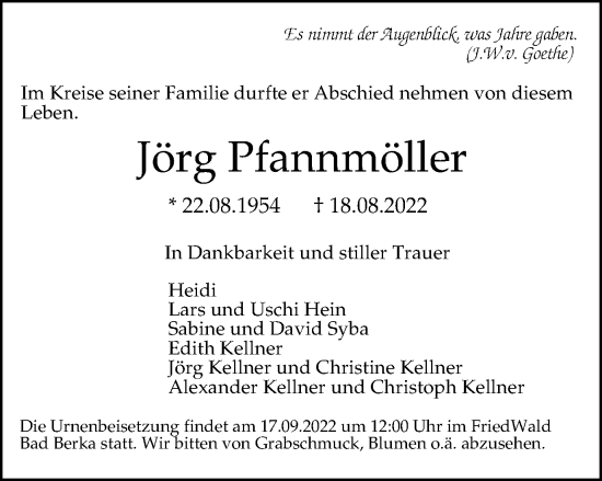 Traueranzeige von Jörg Pfannmöller von Thüringer Allgemeine, Thüringische Landeszeitung