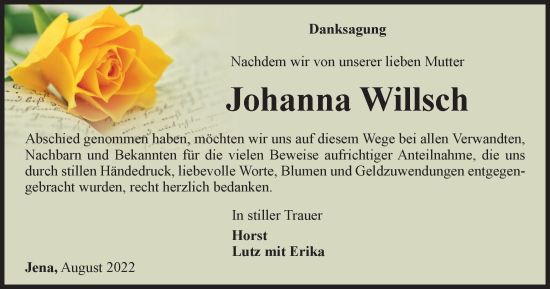 Traueranzeige von Johanna Willsch von Ostthüringer Zeitung, Thüringische Landeszeitung