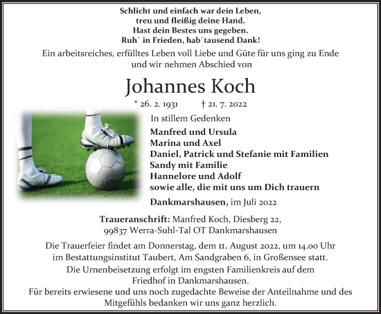 Traueranzeige von Johannes Koch von Thüringer Allgemeine, Thüringische Landeszeitung