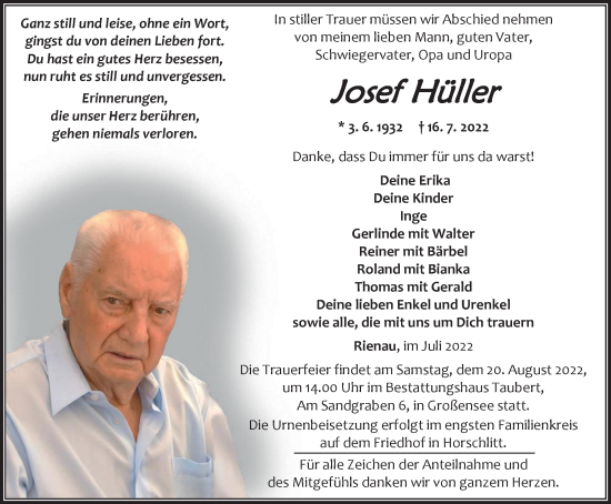 Traueranzeige von Josef Hüller von Thüringer Allgemeine, Thüringische Landeszeitung