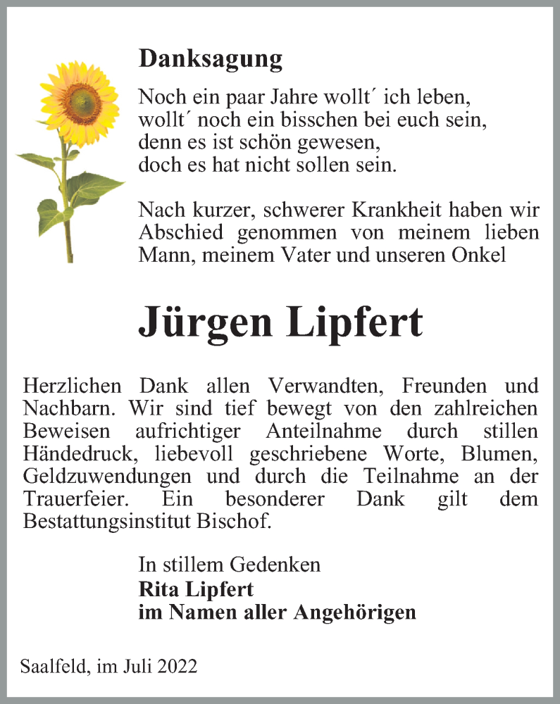  Traueranzeige für Jürgen Lipfert vom 30.07.2022 aus Ostthüringer Zeitung