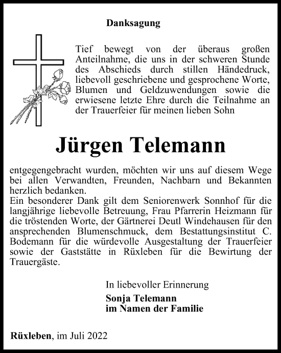 Traueranzeige von Jürgen Telemann von Thüringer Allgemeine