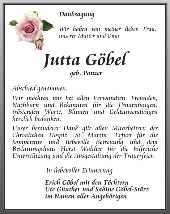 Traueranzeige von Jutta Göbel von Thüringer Allgemeine, Thüringische Landeszeitung