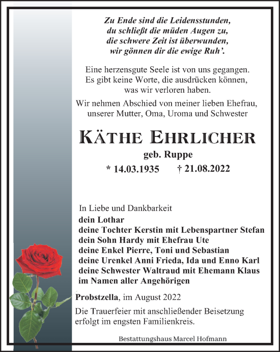 Traueranzeige von Käthe Ehrlicher von Ostthüringer Zeitung