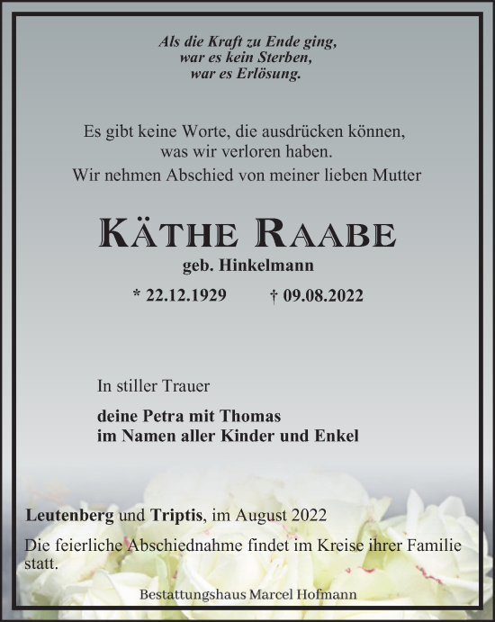 Traueranzeige von KÄthe Raabe