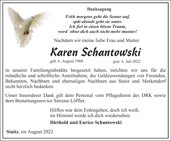 Traueranzeige von Karen Schantowski von Ostthüringer Zeitung