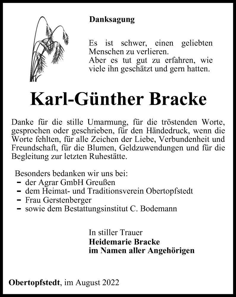  Traueranzeige für Karl-Günther Bracke vom 06.08.2022 aus Thüringer Allgemeine