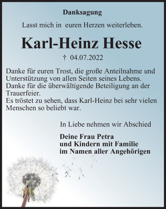 Traueranzeige von Karl-Heinz Hesse von Thüringer Allgemeine, Thüringische Landeszeitung