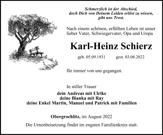 Traueranzeige von Karl-Heinz Schierz von Ostthüringer Zeitung