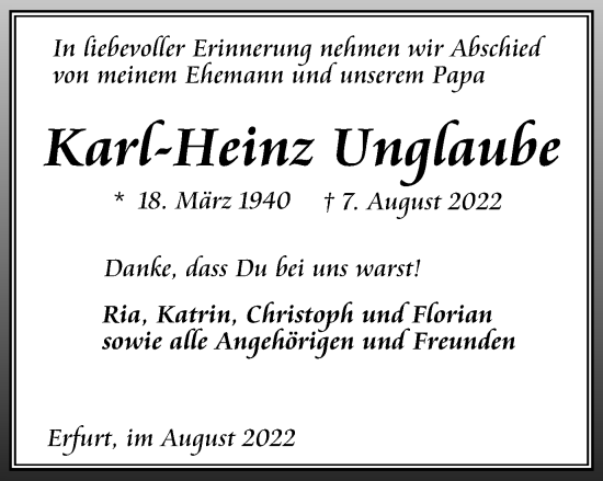 Traueranzeige von Karl-Heinz Ungraube