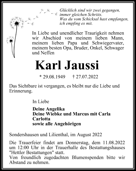 Traueranzeige von Karl Jaussi von Thüringer Allgemeine