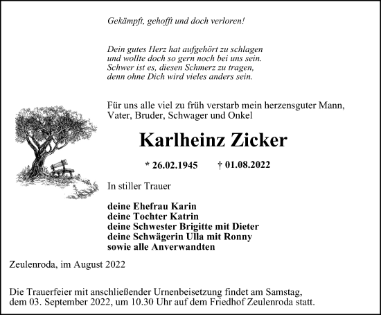 Traueranzeige von Karlheinz Zicker von Ostthüringer Zeitung