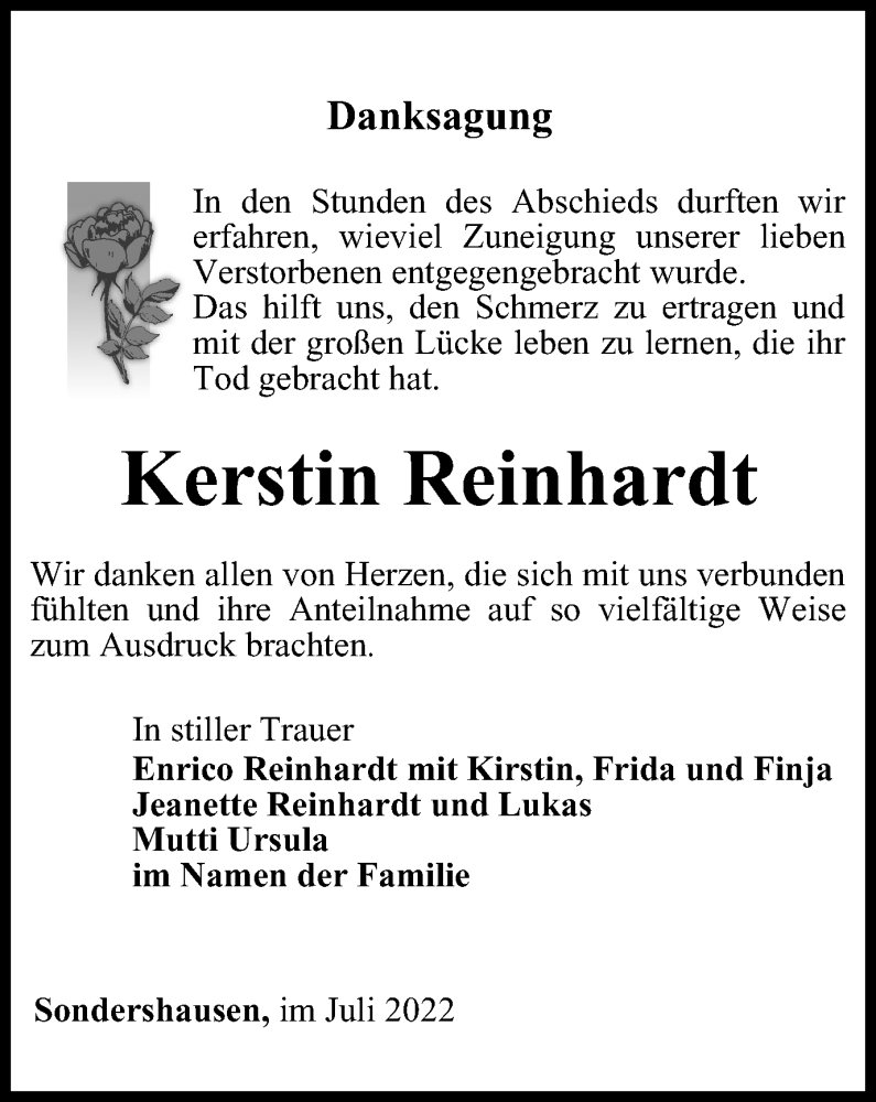  Traueranzeige für Kerstin Reinhardt vom 30.07.2022 aus Thüringer Allgemeine