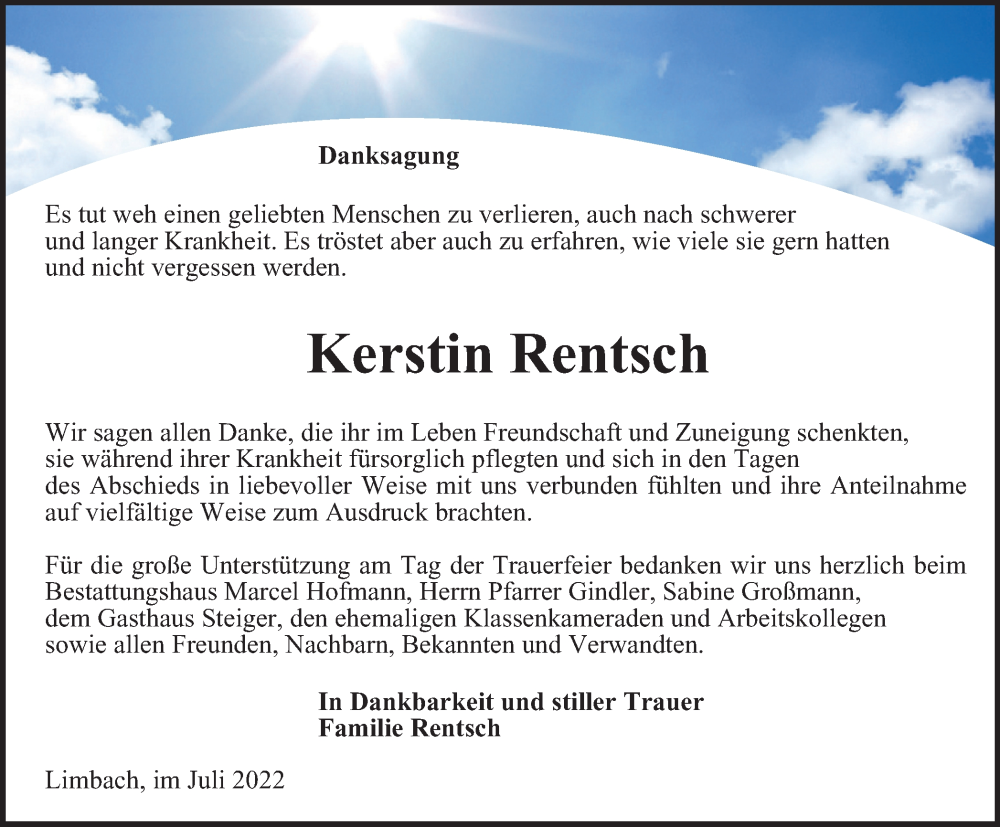  Traueranzeige für Kerstin Rentsch vom 30.07.2022 aus Ostthüringer Zeitung