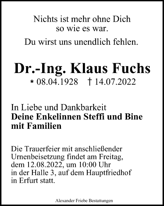 Traueranzeige von Klaus Fuchs von Thüringer Allgemeine, Thüringische Landeszeitung
