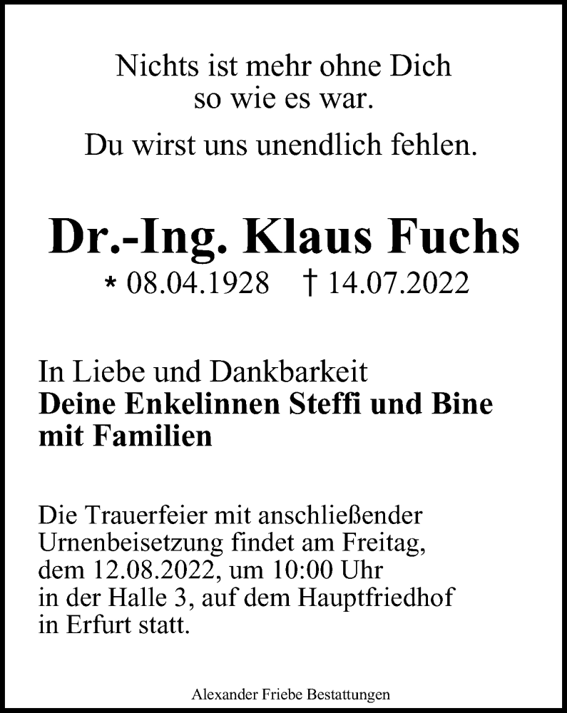  Traueranzeige für Klaus Fuchs vom 30.07.2022 aus Thüringer Allgemeine, Thüringische Landeszeitung