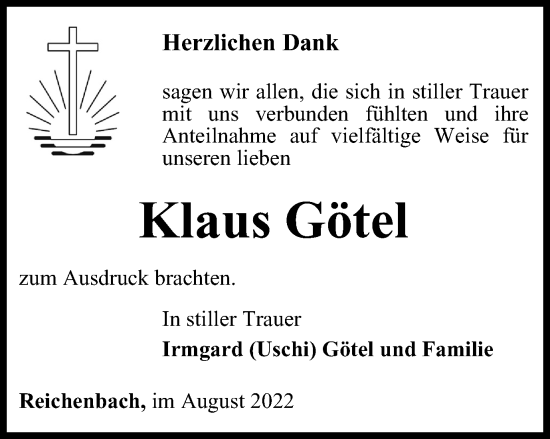 Traueranzeige von Klaus Götel von Ostthüringer Zeitung