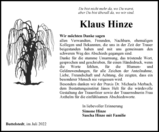 Traueranzeige von Klaus Hinze von Thüringer Allgemeine, Thüringische Landeszeitung