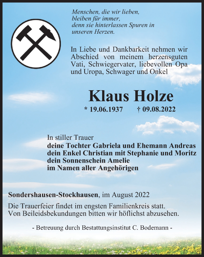  Traueranzeige für Klaus Holze vom 13.08.2022 aus Thüringer Allgemeine