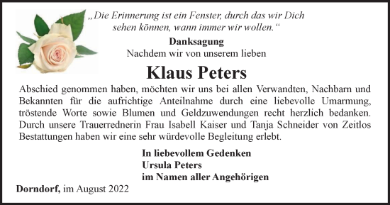Traueranzeige von Klaus Peters von Ostthüringer Zeitung, Thüringische Landeszeitung