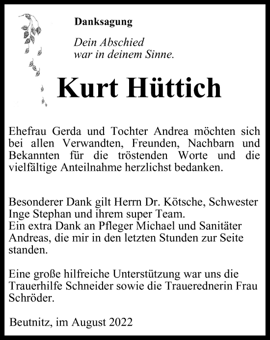 Traueranzeige von Kurt Hüttich von Ostthüringer Zeitung, Thüringische Landeszeitung