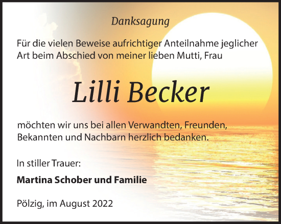 Traueranzeige von Lilli Becker von Ostthüringer Zeitung