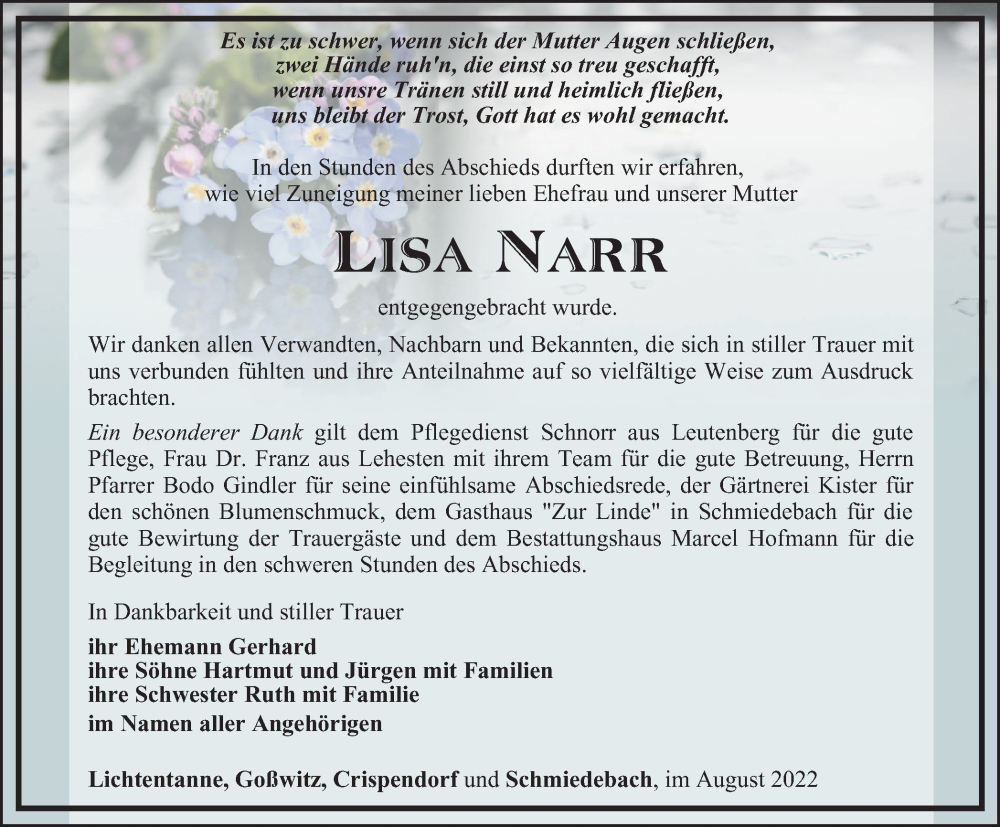  Traueranzeige für Lisa Narr vom 06.08.2022 aus Ostthüringer Zeitung
