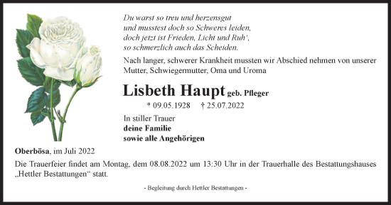 Traueranzeige von Lisbeth Haupt von Thüringer Allgemeine