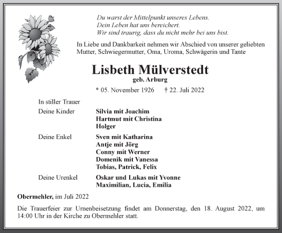 Traueranzeige von Lisbeth Mülverstedt von Thüringer Allgemeine, Thüringische Landeszeitung