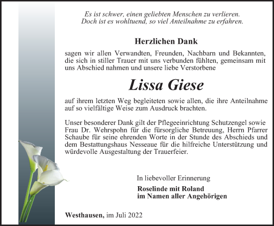 Traueranzeige von Lissa Giese von Thüringer Allgemeine, Thüringische Landeszeitung