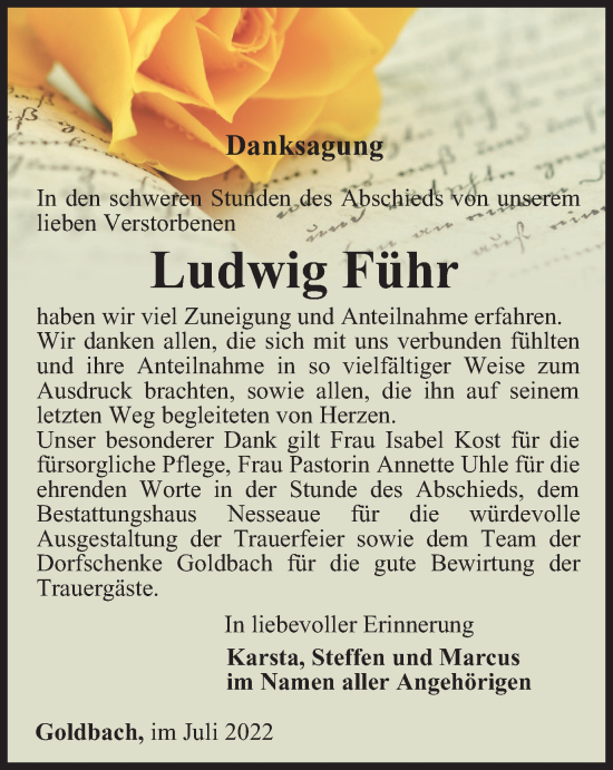 Traueranzeige von Ludwig Führ von Thüringer Allgemeine, Thüringische Landeszeitung