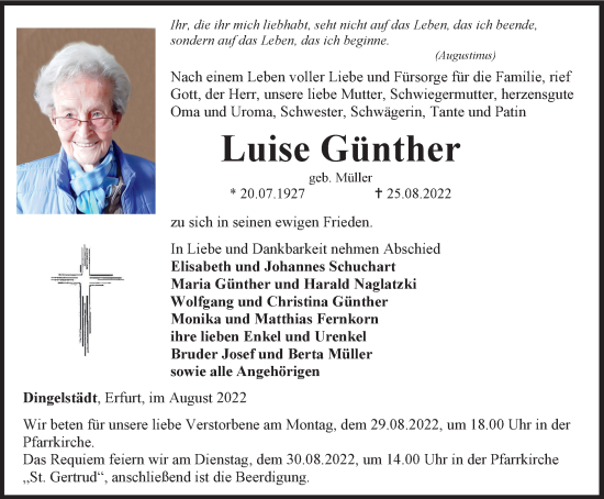 Traueranzeige von Luise Günther von Thüringer Allgemeine