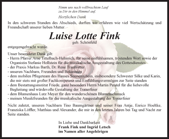 Traueranzeige von Luise Lotte Fink von Thüringer Allgemeine, Thüringische Landeszeitung