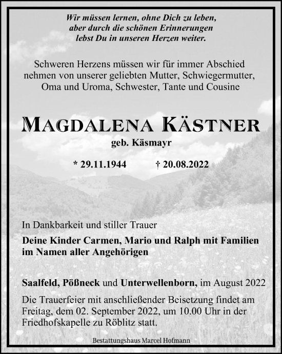 Traueranzeige von Magdalena Kästner