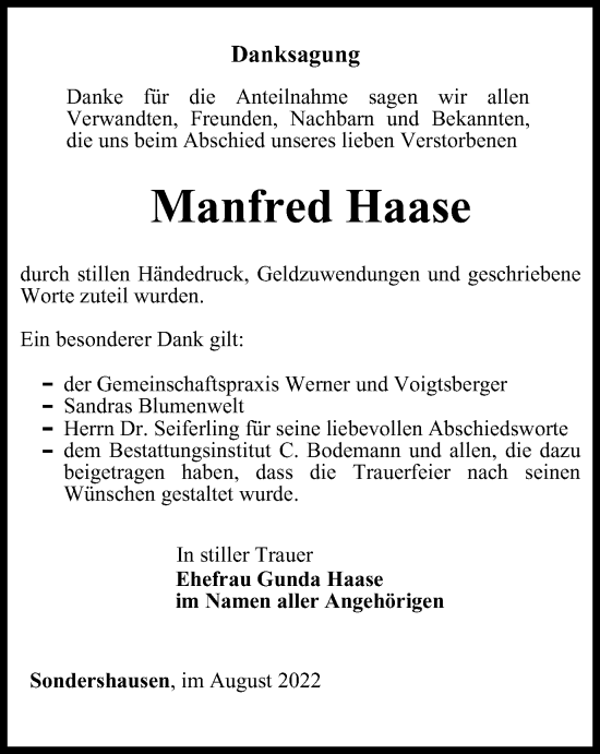 Traueranzeige von Manfred Haase