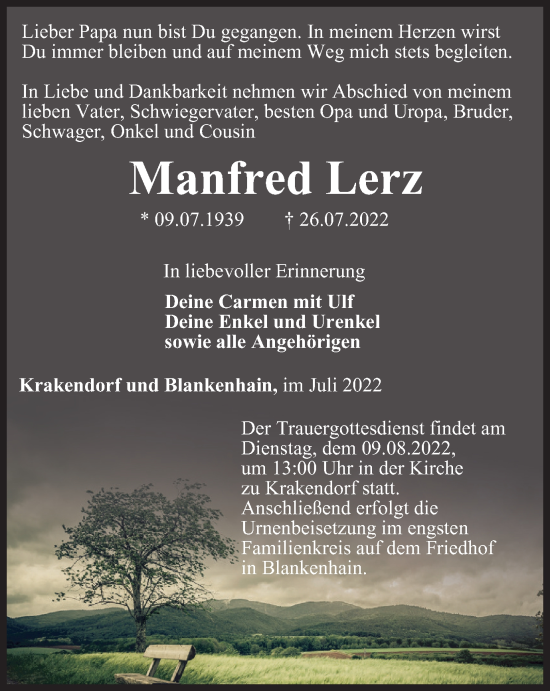 Traueranzeige von Manfred Lerz von Thüringer Allgemeine, Thüringische Landeszeitung
