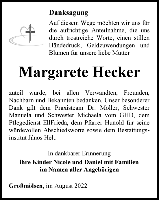 Traueranzeige von Margarete Hecker von Thüringer Allgemeine, Thüringische Landeszeitung