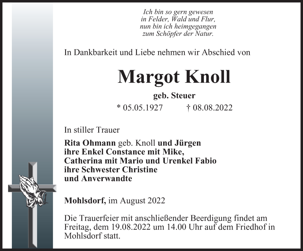  Traueranzeige für Margot Knoll vom 12.08.2022 aus Ostthüringer Zeitung