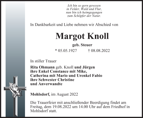 Traueranzeige von Margot Knoll von Ostthüringer Zeitung