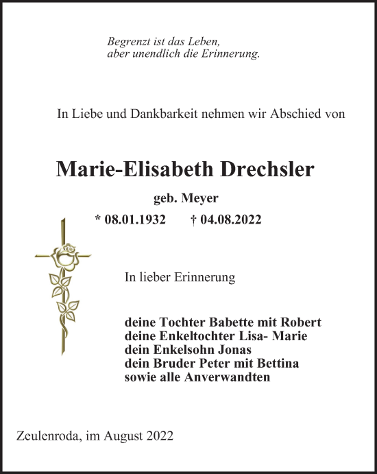 Traueranzeige von Marie-Elisabeth Drechsler von Ostthüringer Zeitung