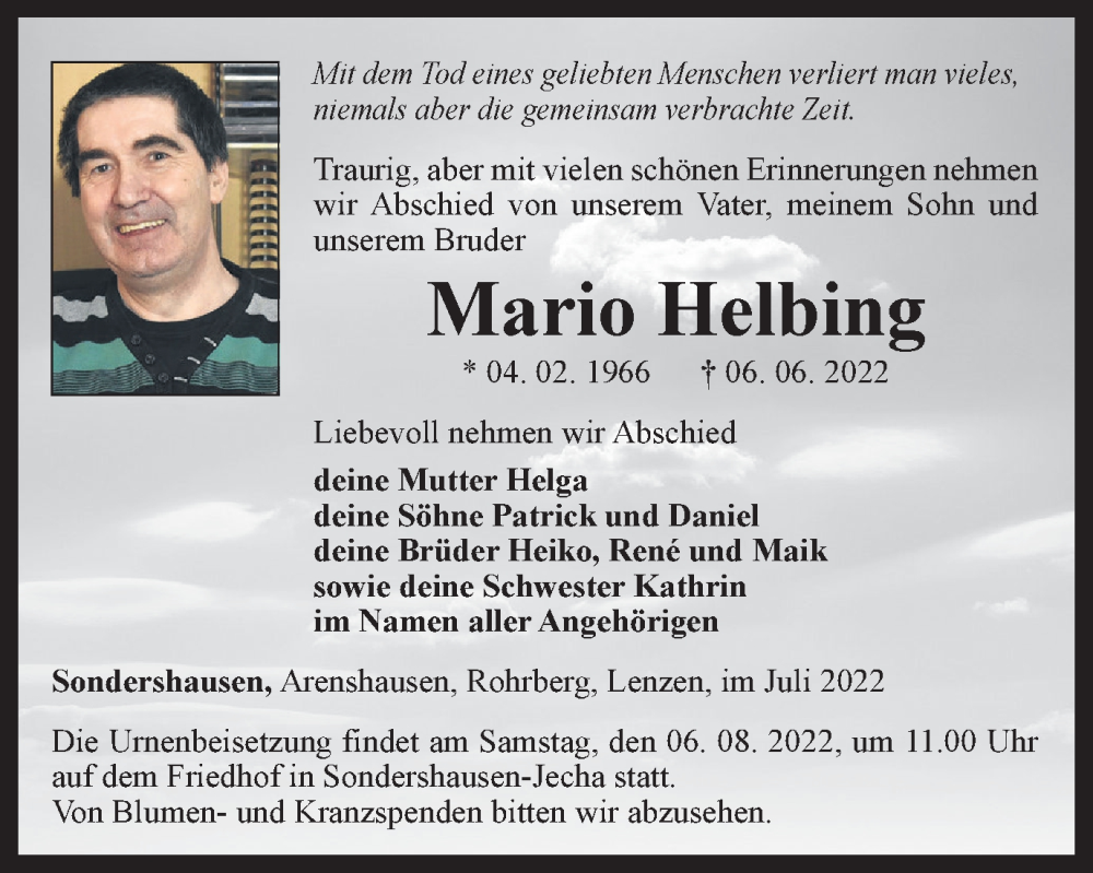  Traueranzeige für Mario Helbing vom 30.07.2022 aus Thüringer Allgemeine