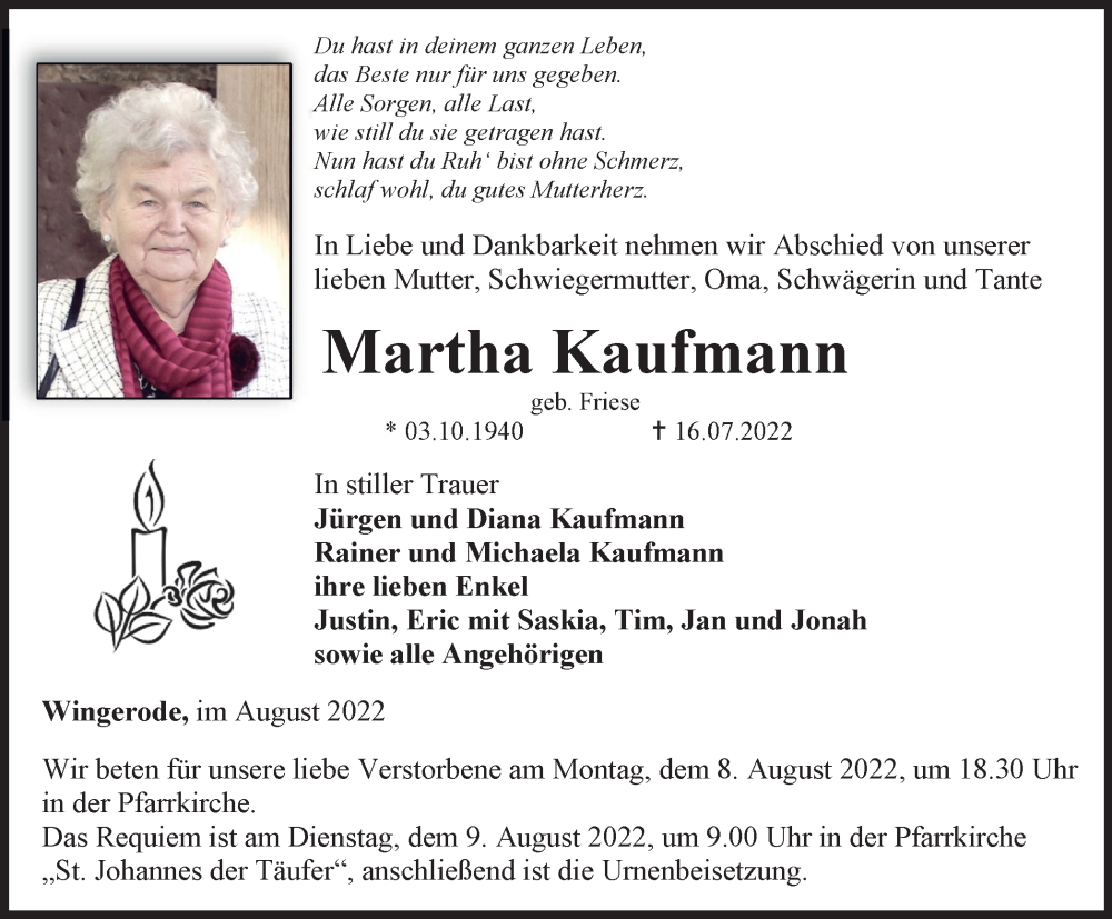  Traueranzeige für Martha Kaufmann vom 06.08.2022 aus Thüringer Allgemeine